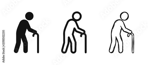 Bild auf Leinwand Elderly Person with Walking Stick Icons Set, Aging and Healthcare Symbols