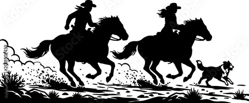Wild West Cowboy and Cowgirl Horse Riding Silhouette Vector with Running Dog