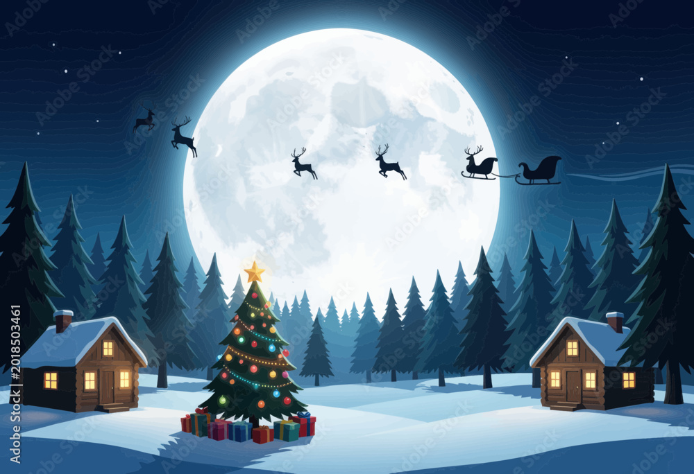 Naklejka premium Santa Sleigh Flying over Snowy Village under Full Moon