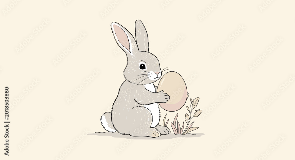 Obraz premium Textured grey bunny sitting in a meadow holding a large egg with soft shadows and plant details against a warm cream colored background.