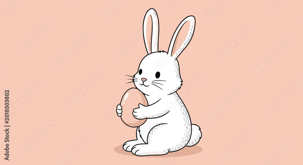 Obraz premium Detailed white rabbit illustration with textured fur sitting on a soft pink surface while holding a single tan egg for a sweet Easter theme.