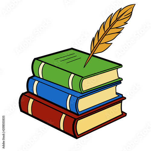 A simple cartoon illustration of three books in green, blue, and red stacked vertically with a gold-colored quill feather pen resting on the top book against a transparent background.