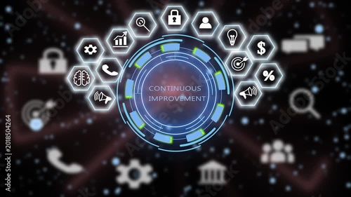 Continuous improvement concept with animated digital interface featuring business growth and strategic management symbols for corporate development and optimization