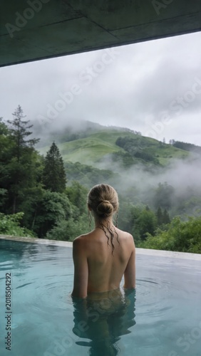 Woman in infinity pool, misty mountain landscape view.