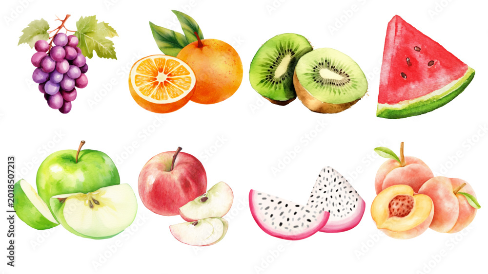 Naklejka premium Vibrant watercolor illustrations of various fresh, healthy fruits, showcasing nature's sweet bounty
