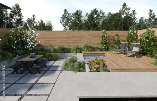 Modern backyard exterior with wooden deck and pool. 3d render of outdoor landscape architecture