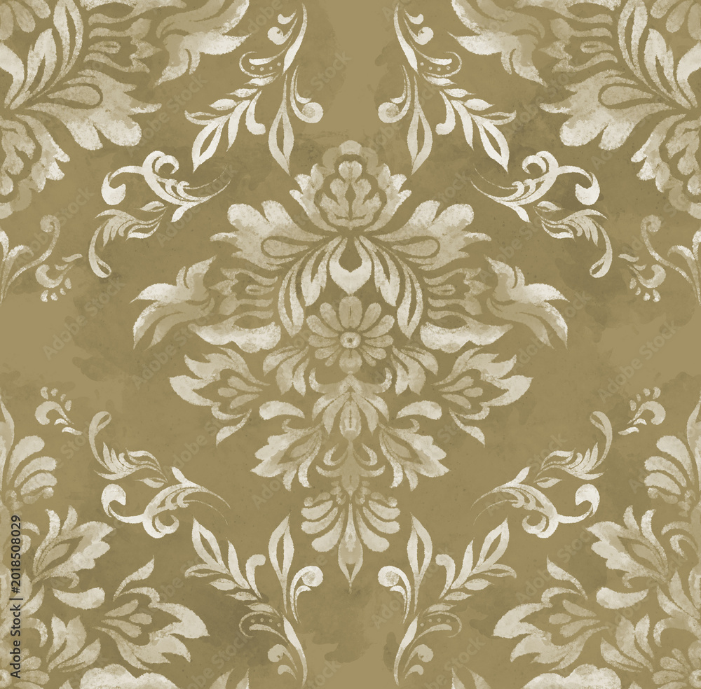 Fototapeta premium Beige Gold Damask Seamless Pattern with Floral Medallion and Scroll Motifs on Khaki Background