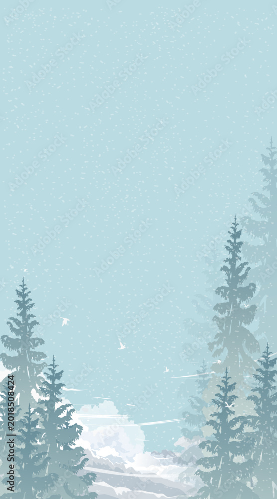Fototapeta premium Winter snow background,pine forest landscape,falling white snowfall on blue sky.Vector illustration Cold nature scenery for Christmas banner,Seasonal wallpaper,New year holiday card design,copy space