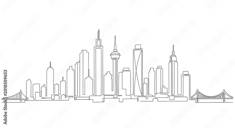 Fototapeta premium Minimalist Skyline Drawing: Cityscape Continuous Line Art