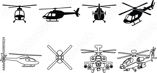 Fotografi Helicopter vector illustration set, stylized silhouettes with civilian, military