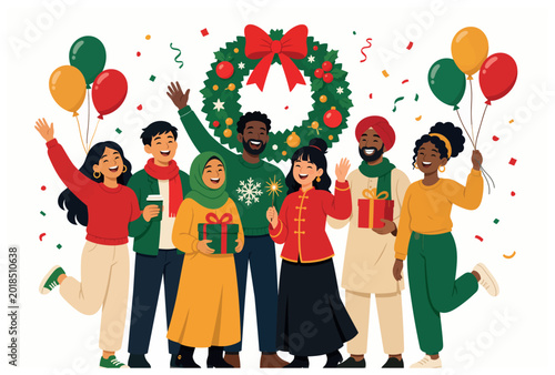 Slika na platnu Diverse Group Celebrating Christmas.