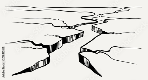 Cracked Earth Illustration: Geological Concept, Black and White Drawing