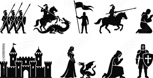 Tableau sur toile Medieval fantasy vector illustration set, stylized silhouettes with knights, dra