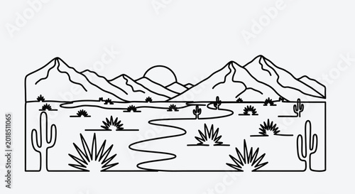 Minimalist desert landscape line art illustration, mountains and cacti