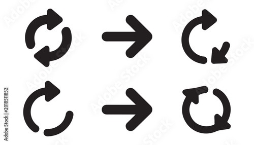 Fotografie Collection of black arrows with refresh icons, right arrows, and looped circle arrows