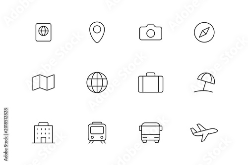 Canvas Print Collection of travel and vacation icons including passport, map, and airplane