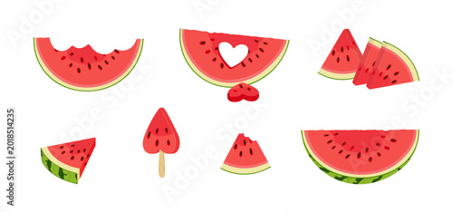 Billede på lærred Big set of flat watermelon slices and icons