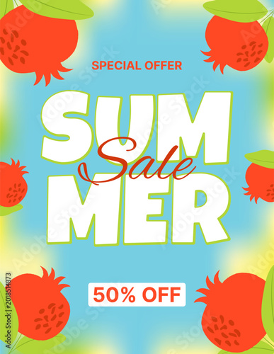 Summer Sale banner template, Discount promotion 50% OFF. Bright modern design with red pomegranates. Vector illustration.