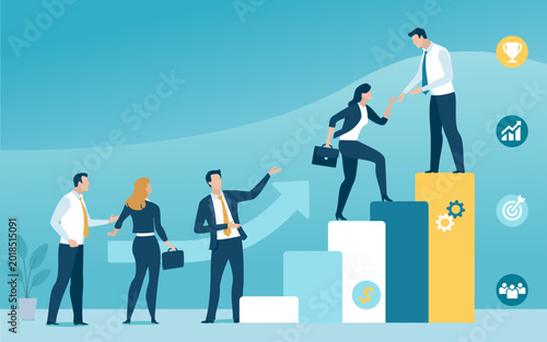 Corporate Leadership. Teamwork and Success. Business Career Growth and Teamwork Success Concept vector Illustration