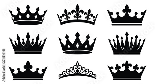 Konstfotografi Collection of black crown silhouettes with varied designs on a white background