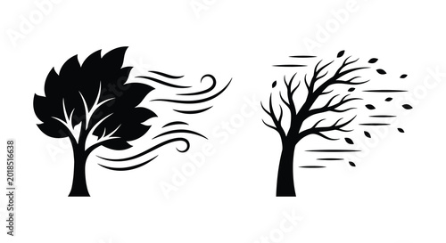 Canvastavla Two trees in different seasons with wind black silhouette