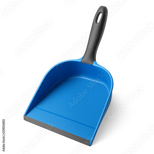 Blue plastic dustpan with black rubberized handle and grey lip. Household cleaning tool for sweeping debris on white background.