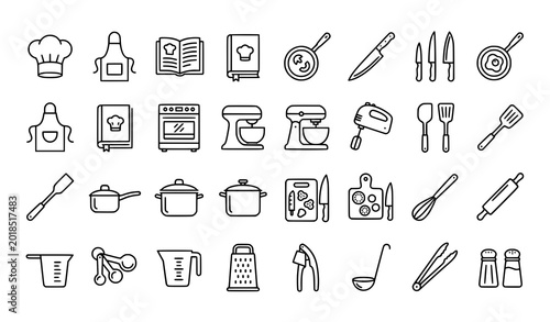 Fotografie Culinary chef outline icon collection with kitchen utensil and appliance vector