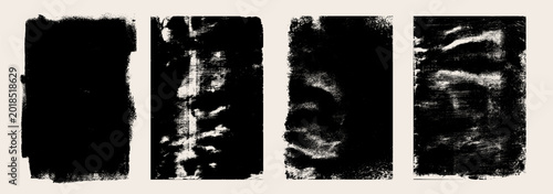 Linocut stamp texture set with rough printmaking grain and rolled ink effect. Black silhouette letterpress overlays, grunge distressed borders for vintage posters, prints, and retro design backgrounds