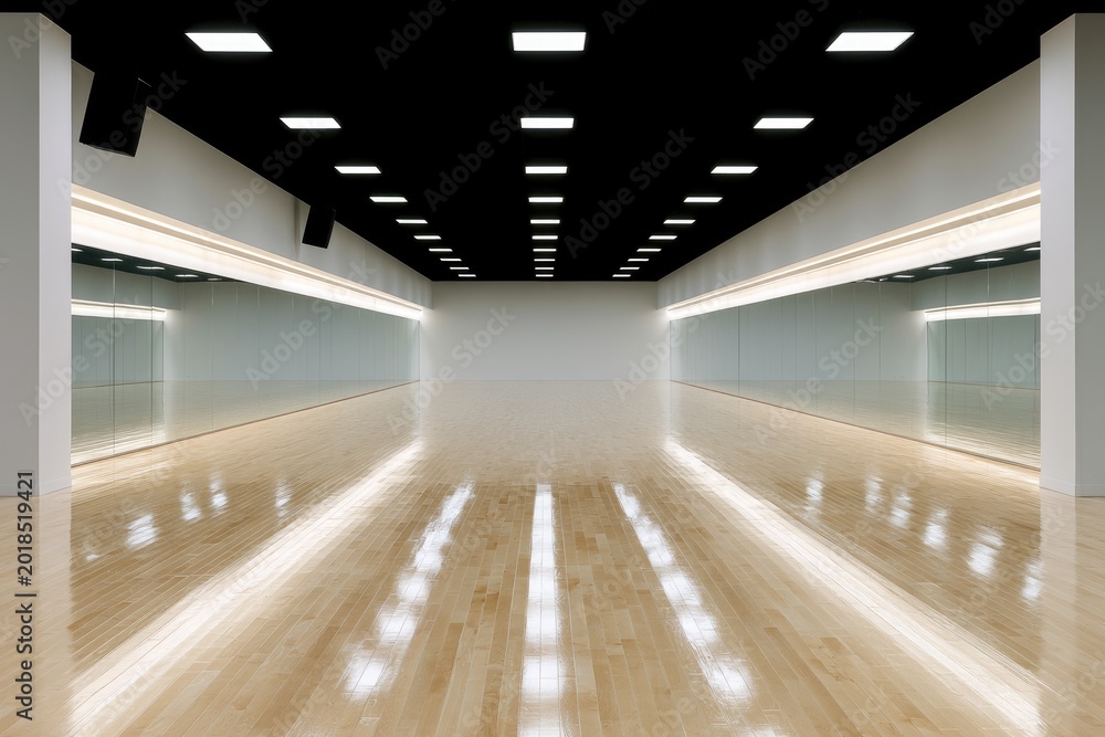 Fototapeta premium Wide, empty, modern dance studio with polished wood floor and mirrored walls