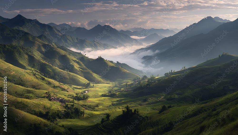 Fototapeta premium Terraced Valley Dawn: Captivating Mountainous Landscape with Rice Terraces, Gentle Mist, and Golden Sunrise Illuminating the Verdant Fields in Vietnam