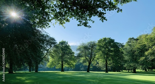 Lush green park with sunbeams filtering through trees on a clear day