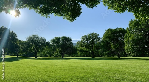 Lush green meadow framed by leafy trees under a bright, sunny sky