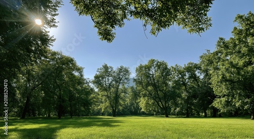 Sunlight streams through lush green trees onto a vibrant meadow