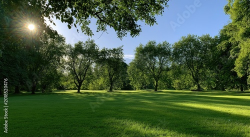 Sunlit lawn and trees with dappled shadows, serene parkland