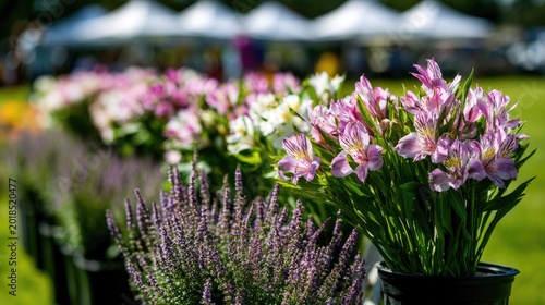 Colorful floral display at an outdoor market, featuring a variety of blooms