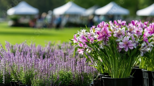 Colorful floral displays in pots at outdoor market with blurred tents