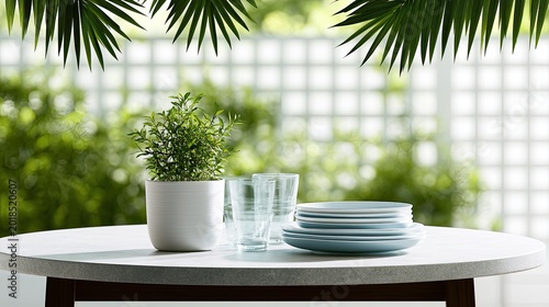 Outdoor table setting with potted plant, glasses, and plates