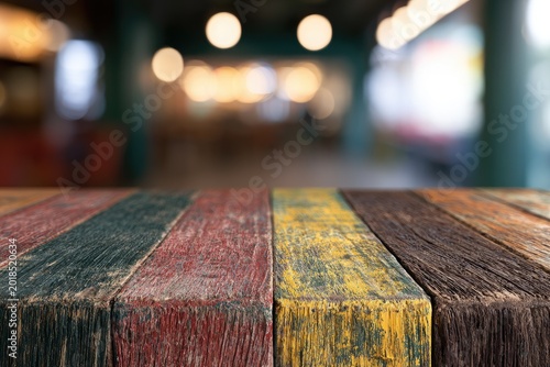 Weathered, multi-colored wooden table surface in soft focus interior