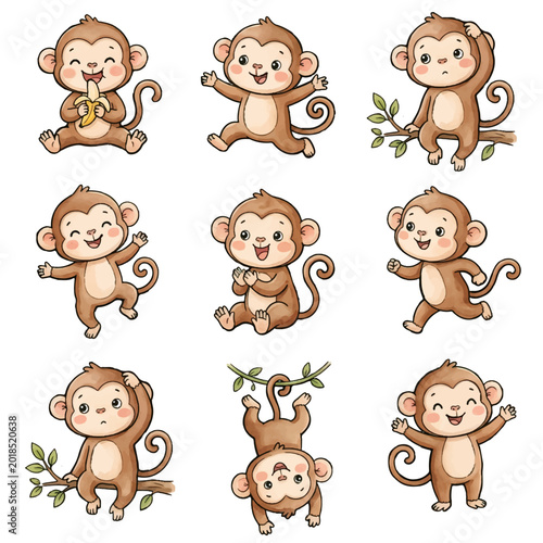 Photography Cute monkey Cartoon Animal Heads Set for Kids Vector Collection