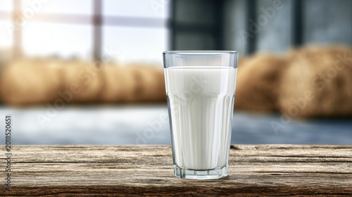 Fresh white milk in a tall glass on a rustic wooden table, farm background