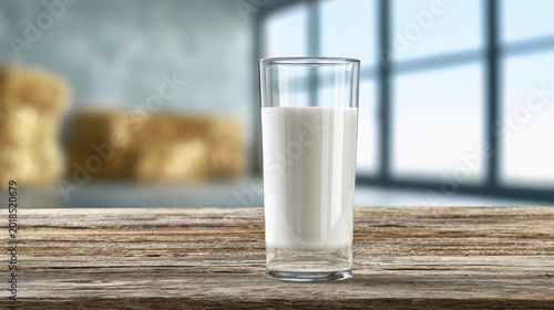 Tall glass of fresh, white milk stands on rustic wooden table