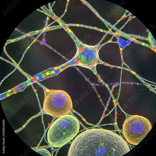 Biological nervous system cells and interconnected neural fibers viewed under magnification