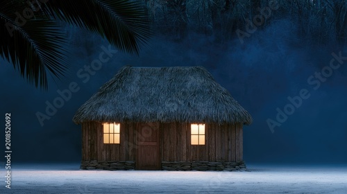 Rustic tropical bungalow with lit windows on a sandy beach at night