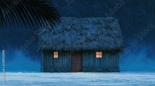 Small, dimly lit wooden hut with thatched roof under a dark, misty night sky
