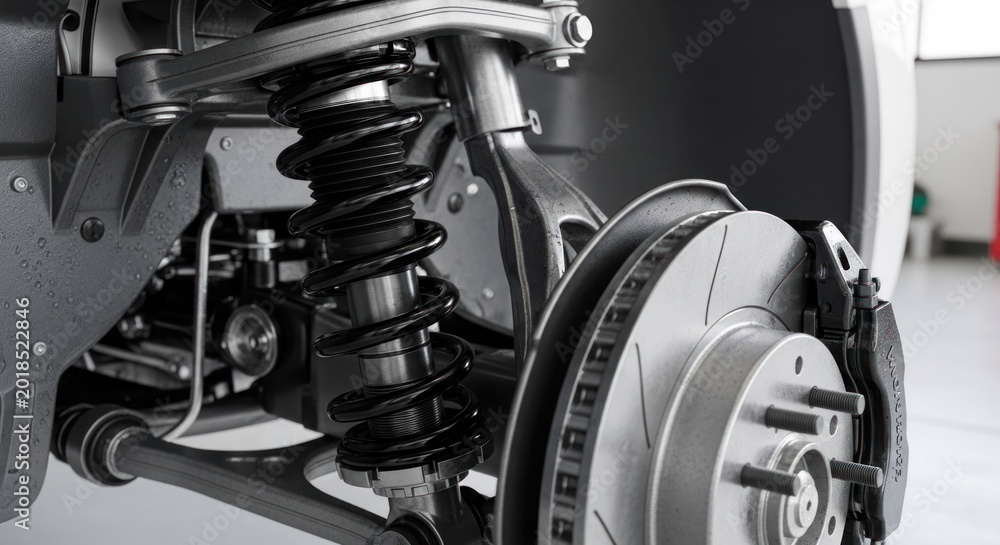 Obraz premium Close-up of a Car Suspension System with Disc Brake Assembly.