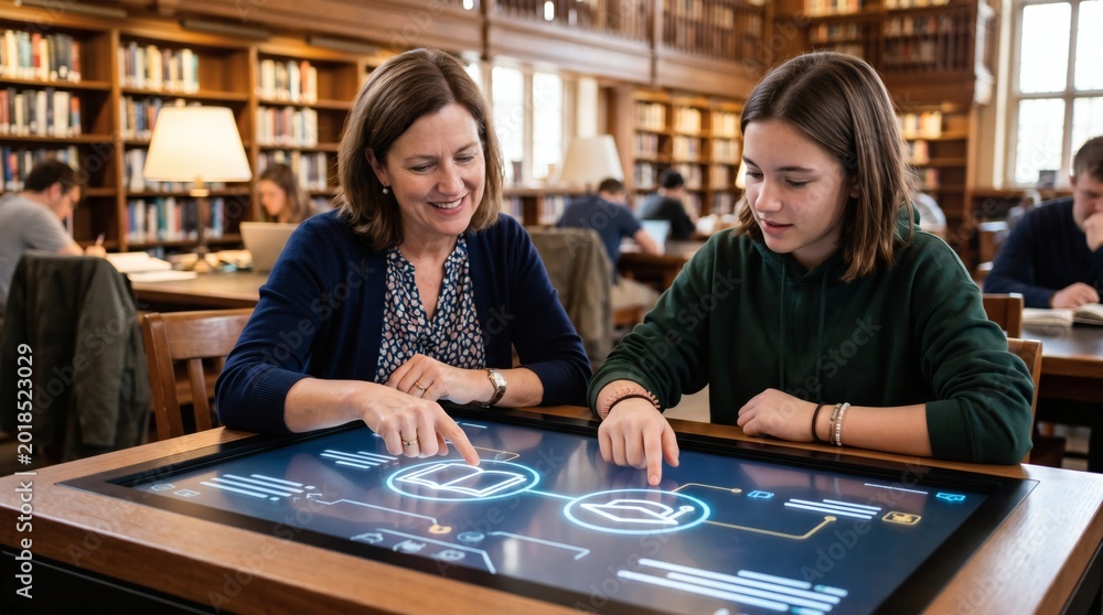 Fototapeta premium A woman and a young girl interact with a large, interactive digital display table in a library setting.