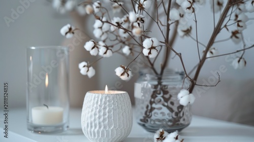 Soft, neutral aesthetic decor.  Cotton branches and candles