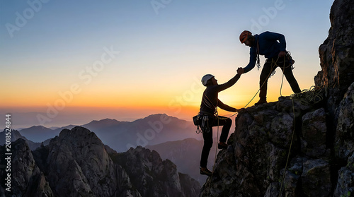 Two male climbers helping each other on a mountain cliff at sunset with a scenic view