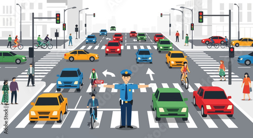 Busy City Street Scene: Cars, Traffic Lights, and a Policeman Directing Flow