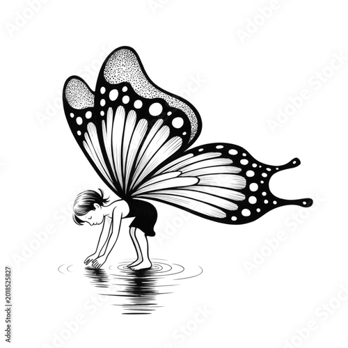 Fotografía Fantasy fairy girl with butterfly wings touching water reflection, magical mythi